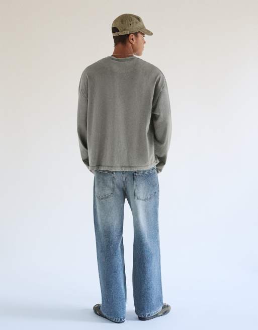 Bershka superbaggy jeans met sterrenpatch in middenblauw, 3 van 6