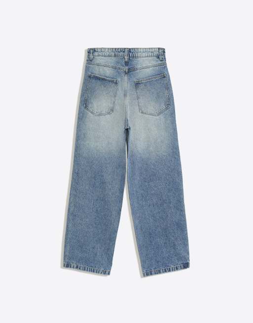 Bershka superbaggy jeans met sterrenpatch in middenblauw, 6 van 6