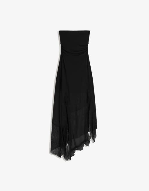 Bershka – Svart, asymmetrisk midiklänning i tyll och spets med bandeauringning, 2 av 4