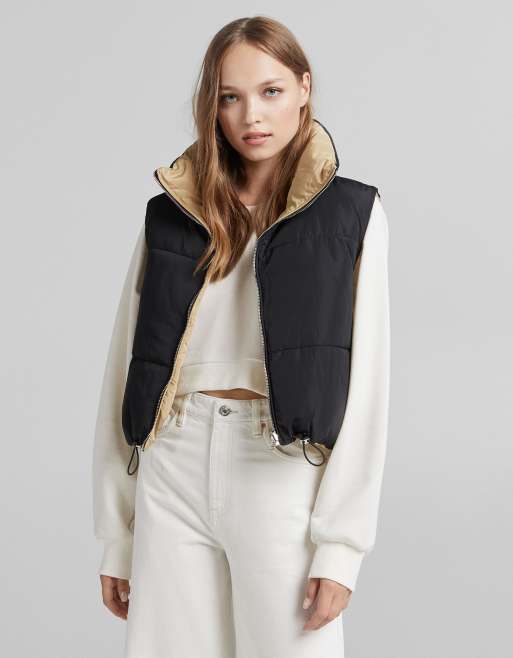 Bershka – Svart/brun, vändbar väst med vaddering