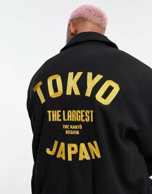 Bershka – Svart coach-jacka i ullimitation med Tokyo-broderi, 4 av 4