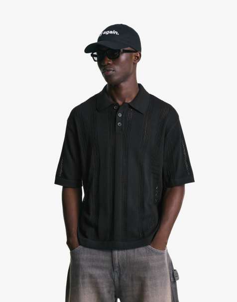 Bershka – Svart, hålstickad pikétröja med textur - view 1