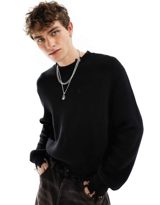 Bershka – Svart, kort, stickad tröja med slitna detaljer