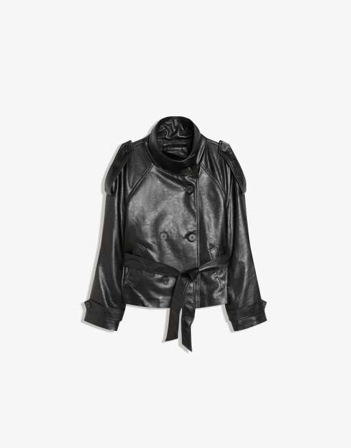 Bershka – Svart, kort trenchcoat med lädereffekt, 6 av 7