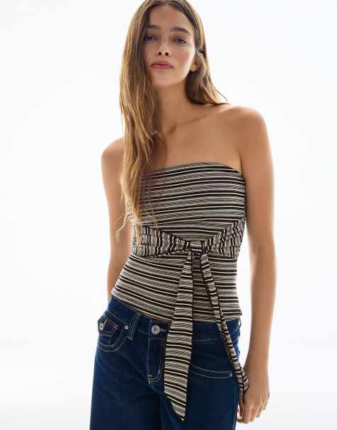 Bershka – Svart och vit bandeau-topp med knytning - view 1