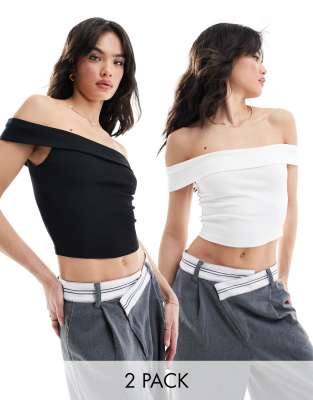 Bershka – Svart och vit bardot-topp med nedvikt detalj, 2-pack