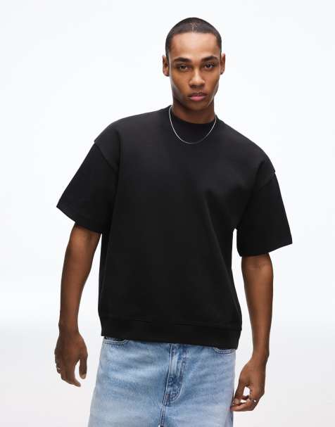 Bershka – Svart, ribbad t-shirt i sweatshirttyg med korta ärmar - view 1