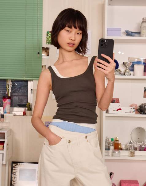 Bershka – Svart, ribbat linne - view 1