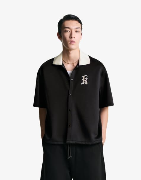 Bershka – Svart skjorta i boxy fit med broderi och korta ärmar - view 1