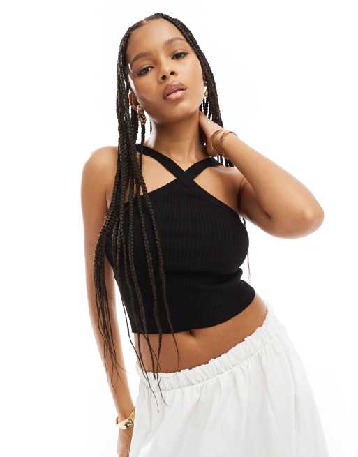 Bershka – Svart stickad topp med halterneck