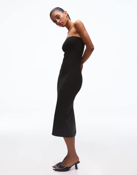 Bershka – Svart, stickat midiklänning med bandeau-ringning - view 1