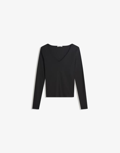 Bershka – Svart t-shirt med v-ringning och långa ärmar, 3 av 4