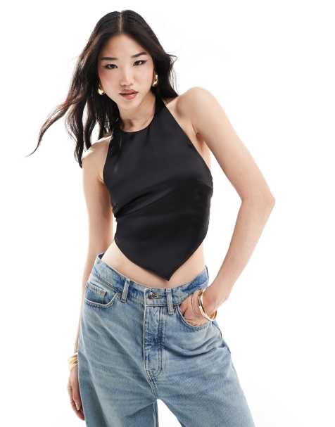 Bershka – Svart topp i satin med halterneck - view 1