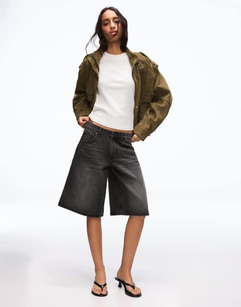 Bershka – Svarta baggy jeansshorts i bermudastil - view 1