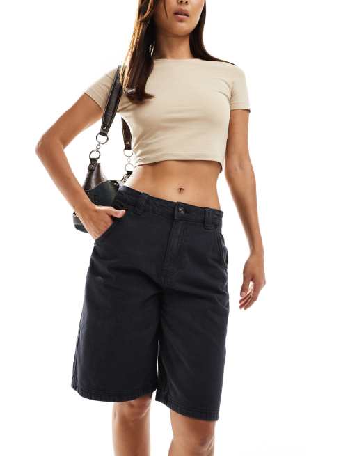 Bershka – Svarta baggy jeansshorts i lång modell