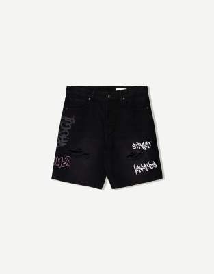 Bershka – Svarta bermudashorts i denim med tryck - view 1