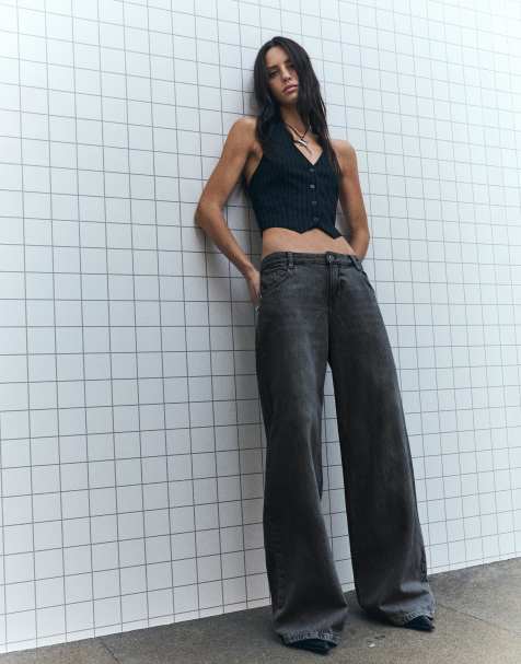 Bershka – Svarta jeans med vida ben och låg midja - view 1