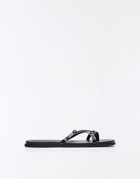 Bershka – Svarta, platta toffelsandaler med flera remmar - view 1