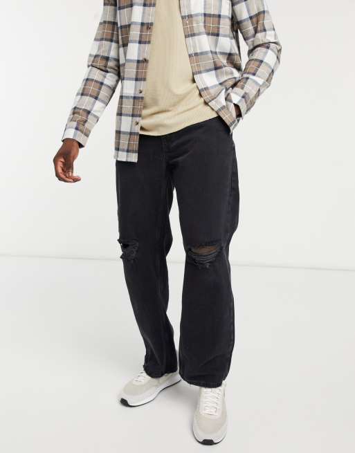 Bershka – Svarta slitna jeans i 90-talsstil