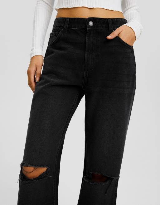 Bershka – Svarta slitna jeans med vida ben och 90-talsstil, 2 av 4