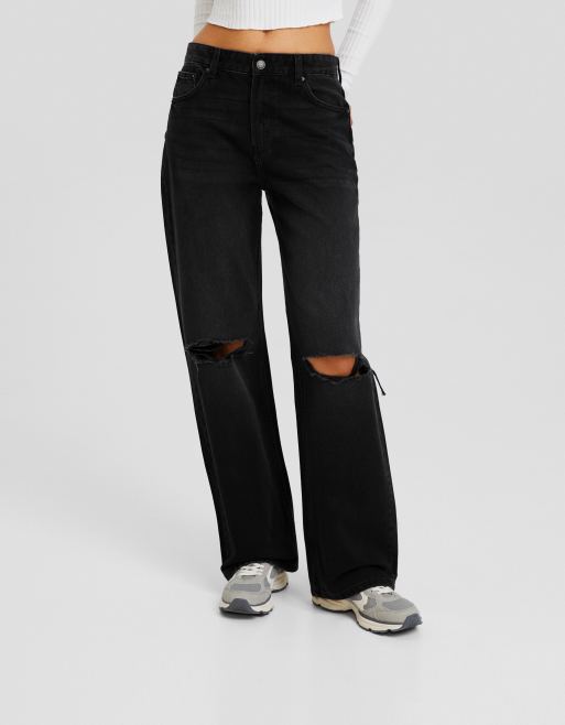 Bershka – Svarta slitna jeans med vida ben och 90-talsstil, 3 av 4