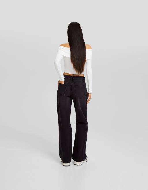 Bershka – Svarta slitna jeans med vida ben och 90-talsstil, 4 av 4