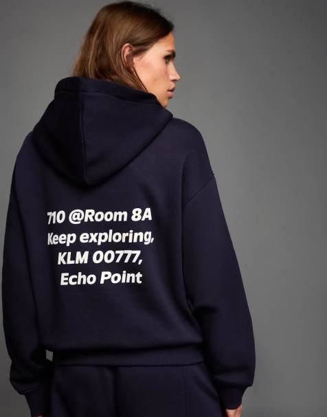 Bershka - Sweat à capuche à imprimé - Bleu marine - view 1