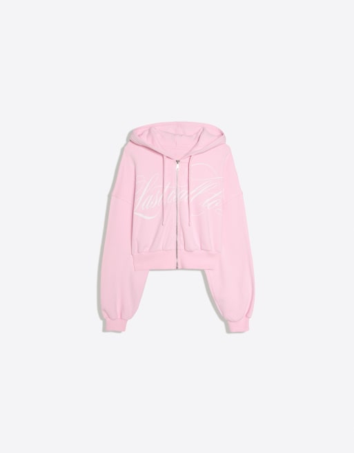Bershka - Sweat à capuche à imprimé et fermeture éclair - Rose clair, 4 de 4