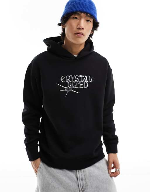 Bershka - Sweat à capuche avec imprimé métallisé sur le devant - Noir