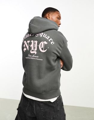 Bershka NYC printed hoodie in charcoal  - ASOS Price Checker