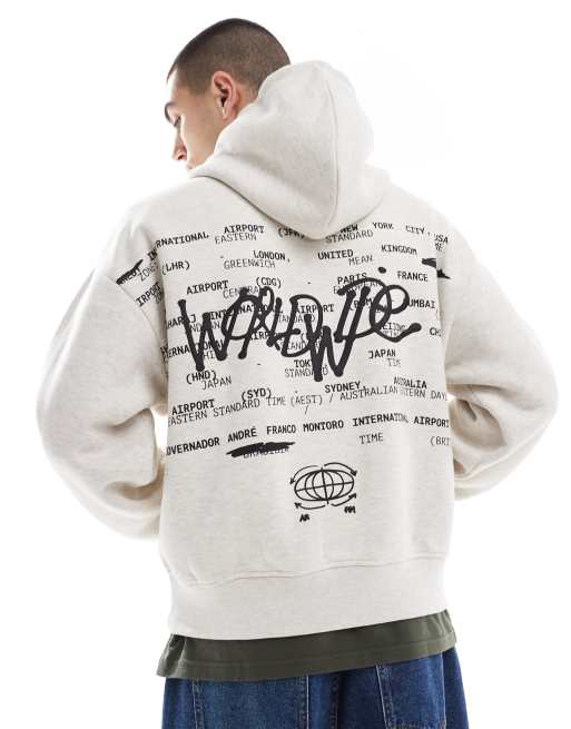 Bershka Sweat à capuche avec imprimé ville au dos Gris ASOS