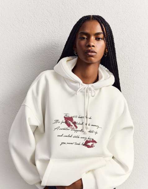 Bershka - Sweat à capuche avec motif - Écru - view 1