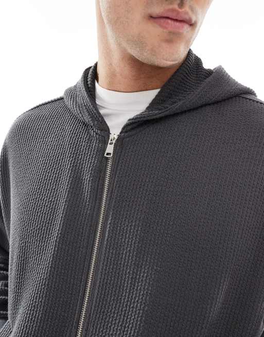 Bershka - Sweat à capuche court d'ensemble coupe carrée en crépon - Gris, 3 de 4