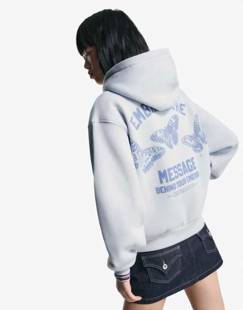 Bershka - Sweat à capuche imprimé - Bleu clair - view 1