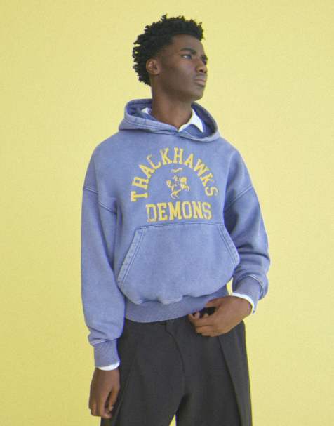 Bershka sweat à capuche imprimé effet délavé bleu marine - view 1