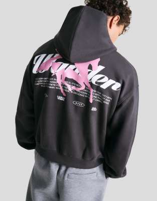 Bershka - Sweat à capuche imprimé - Gris