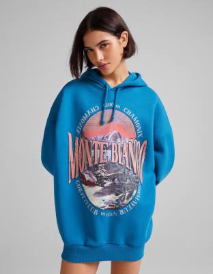 Bershka - Sweat à capuche oversize à imprimé graphique - Bleu sarcelle