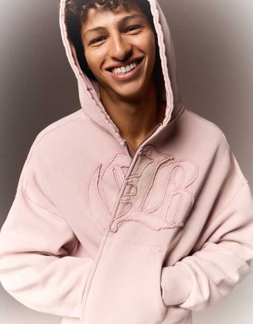 Bershka - Sweat à capuche zippé coupe carrée - Rose délavé, 3 de 4