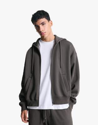 Bershka - Sweat à capuche zippé - Gris
