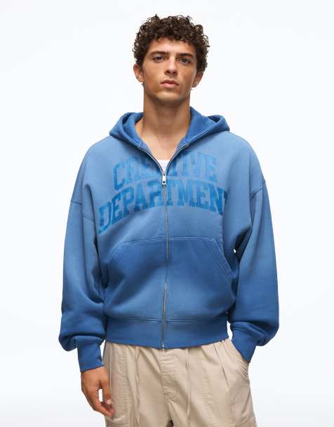 Bershka sweat à capuche zippé imprimé délavé bleu - view 1