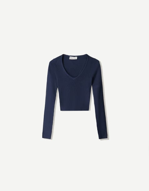 Bershka - Sweat à col V - Bleu jean - view 1