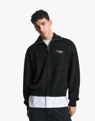 Bershka - Sweat brodé en maille texturée à fermeture éclair - Noir