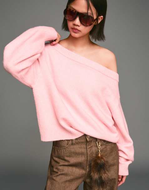 Bershka - Sweat côtelé à encolure bardot - Rose - view 1