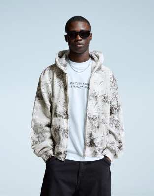 Bershka - Sweat court imprimé zippé - Gris délavé-Blanc