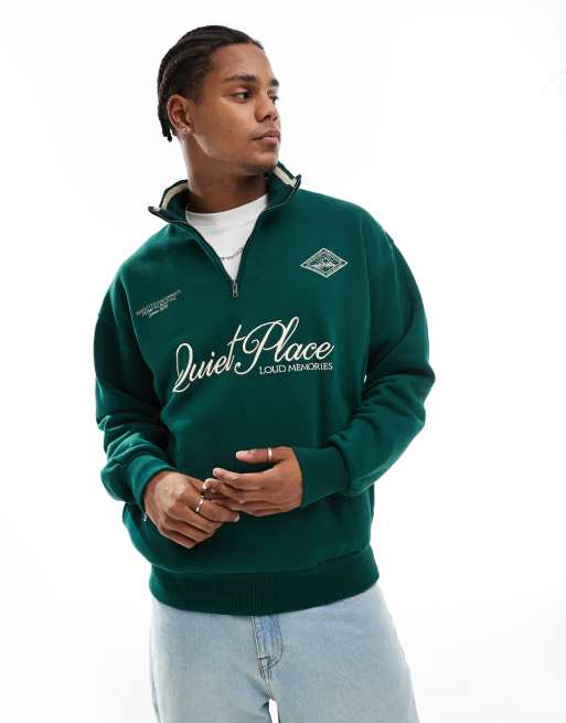 Bershka Sweat imprimé à col zippé Vert ASOS