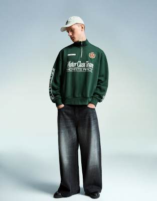 Bershka - Sweat imprimé à fermeture éclair - Vert