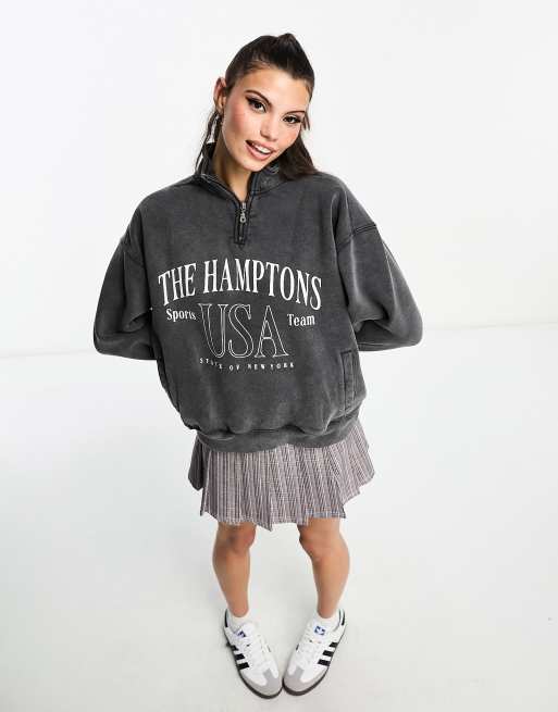 Bershka Sweat oversize imprim Hamptons avec col zipp Gris