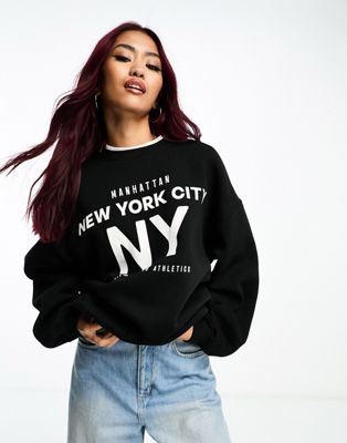 Bershka 'NYC' oversized sweatshirt in black - ASOS Price Checker