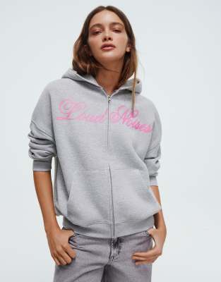Bershka - Sweat oversize zippé à capuche et imprimé - Gris