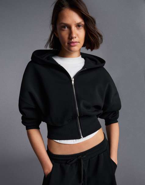 Bershka sweat-shirt à capuche zippé avec ceinture en noir - view 1